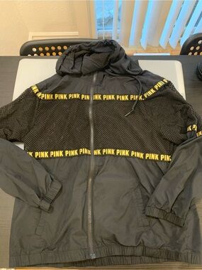 PINK Victoria's Secret Black Windbreaker with Yellow Logo Trim